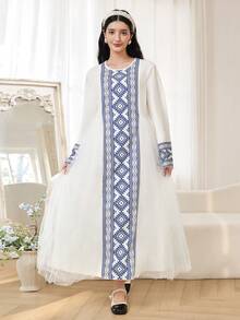 SHEIN Elegant Floral Print, Casual Modest Long Dress For Teen Girl, Suitable For Travel - White - View 5