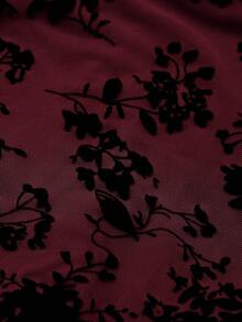 Ellevyn 女士褶裥植绒修身弹力棕色优雅日常休闲派对长袖中长连衣裙，秋冬款 - 酒紅色 - 查看 5