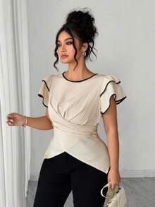 SHEIN Elenzya Áo kiểu nữ cỡ lớn, chất liệu dệt, dáng suông, thanh lịch, thích hợp mặc đi làm vào đầu mùa xuân, eo rút, vạt áo xếp ly đôi, tay ngắn, cổ tròn, màu mơ. - Màu be - Xem 1