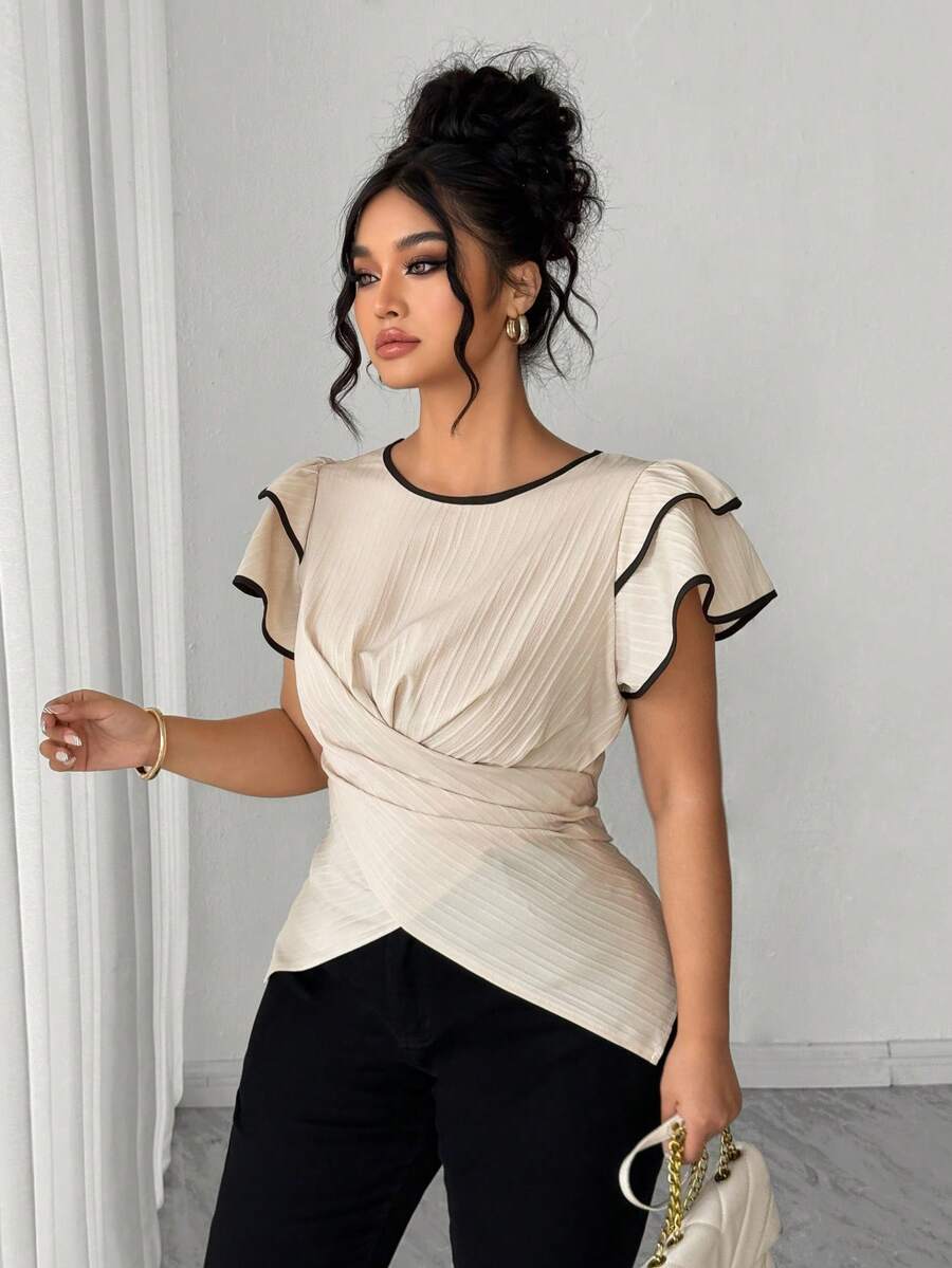 SHEIN Elenzya Áo kiểu nữ cỡ lớn, chất liệu dệt, dáng suông, thanh lịch, thích hợp mặc đi làm vào đầu mùa xuân, eo rút, vạt áo xếp ly đôi, tay ngắn, cổ tròn, màu mơ. - Màu be - Xem 1