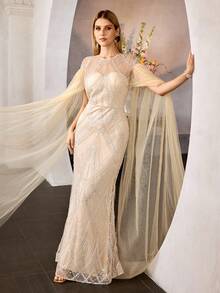 MOTF PREMIUM ELEGANT ULTRA-LONG TULLE SLEEVE ROUND NECK FLOOR-LENGTH MERMAID EVENING GOWN – SHEER FRONT & BACK DESIGN DRESS WITH SPARKLY BEADED FABRIC ACCENTS, FITTED SILHOUETTE FOR WEDDINGS, GALAS & SPECIAL OCCASIONS FOR WOMEN - Champagne - View 7