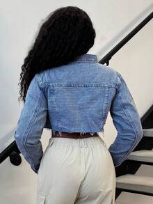 Alexandranx Women Distressed Raw Hem Cropped Denim Jacket, Long Sleeve - Light Wash - View 2