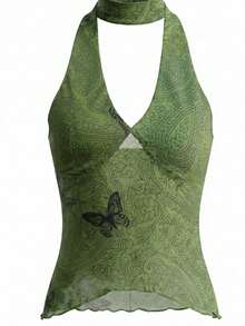 Sweetra Blusa de gasa con cuello en V verde oscuro y estampado de mariposa para mujer - Verde - Ver 3