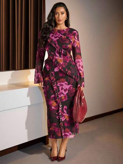 SHEIN BAE Plus Size Women Purple Floral Print Long Sleeve Dress, Autumn/Winter, Long Sleeve Elegant Dress,Valentine's Day, Elegant Floral Dress Women, Elegant Midi Dress,Suitable For Dates, Parties, Back-To-School, And Birthday Parties.