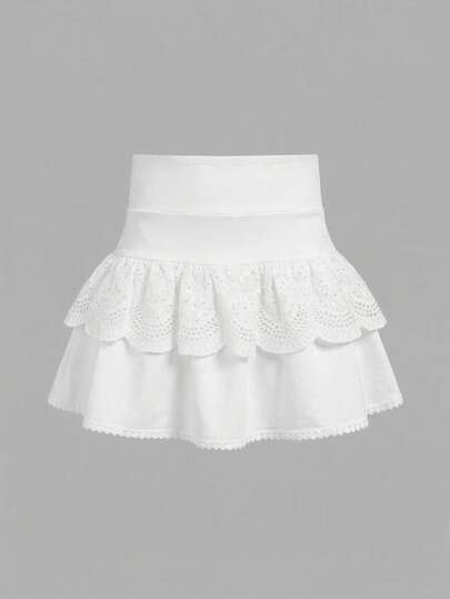 SHEIN Girlism 少女针织纯色可爱荷叶边多层内置短裤迷你裙，Y2K风格，时尚独特，返校季