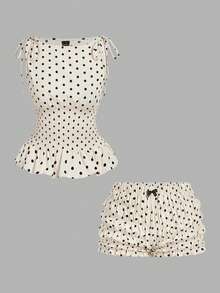 SHEIN MOD Women's Contrast Polka Dot Print Sleeveless Top And Shorts 2 Pieces Set, Valentine's Day Outfit, Spring/Summer, Date Outfit, Beach Outfit, Summer Vacation Outfits, Casual Women Outfits, Polka Dot, Going Out Set, Tea Party Outfit Women, Back To School, 90s Outfit, Party Outfits, Tea Party Outfit - Apricot - View 11