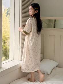 Dazy Kids Tween Girls Bear Print Crew Neck Knit Short Sleeve Nightgown Loungewear Spring - Apricot - View 2