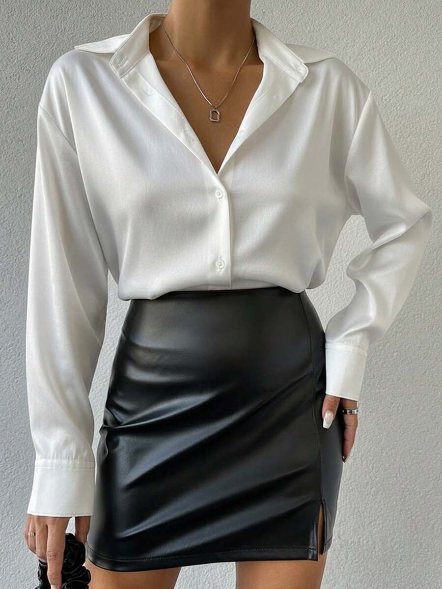 SHEIN Petite Size Women Solid Color Button Front Satin Shirt V Neck Blouse White Blouse Elegant - White - View 1
