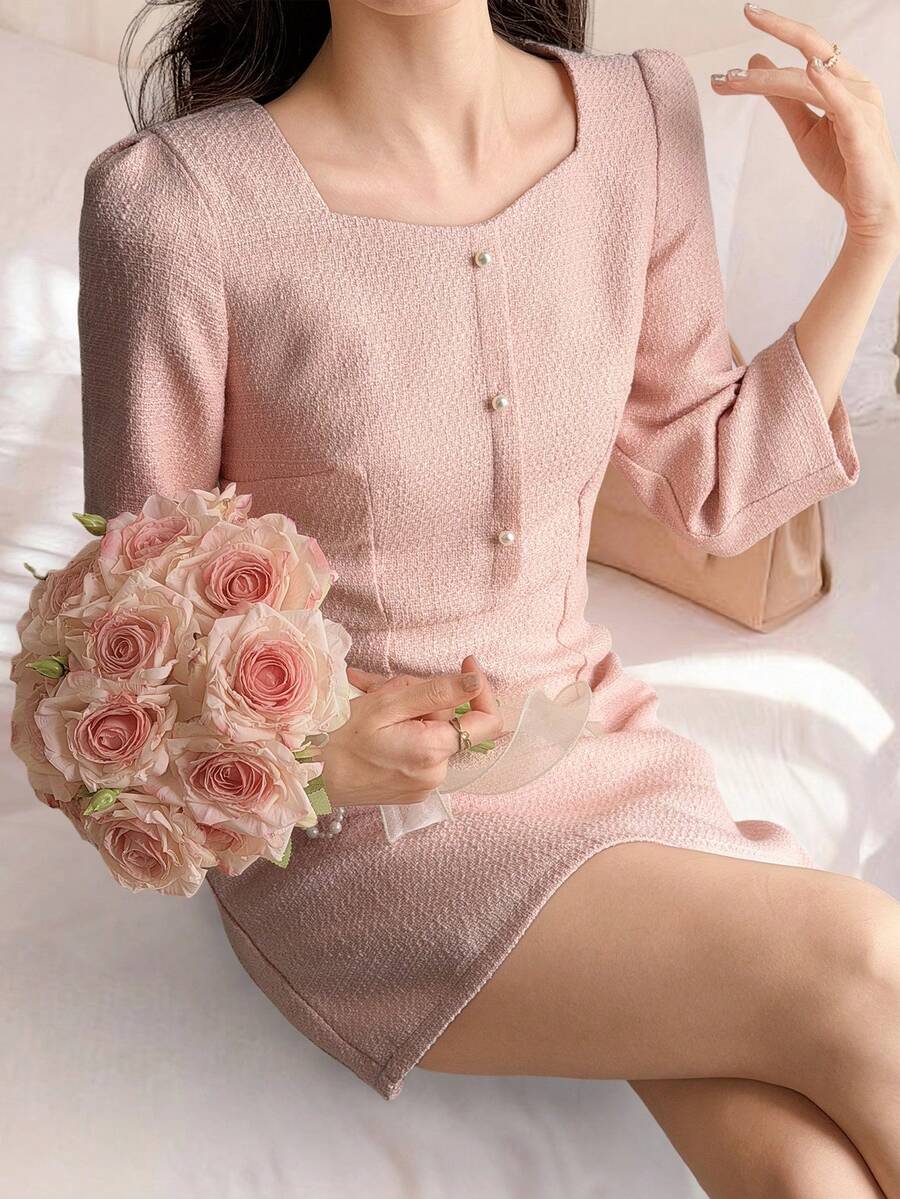 DAZY A字型连衣裙，方领七分袖，优雅粗花呢连衣裙，女士吊带裙 - 粉色 - 查看 1