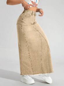 SHEIN ICON Plus Size Women's Solid Color Washed Denim Mini Skirt, Autumn/Winter - Light Yellow - View 5