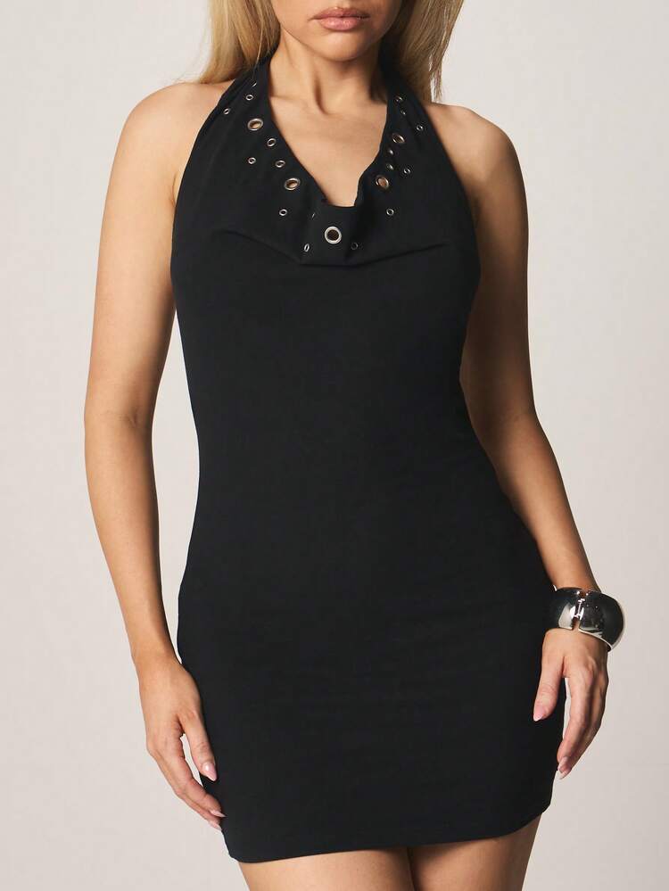 Missguided x Playboy Black Halter Neck Eyelet Mini Dress With Cutout Detail And Metallic Hardware Accents For Cocktail Party Events