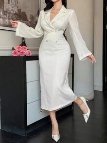 DAZY Vestido largo de unicolor elegante con cuello de blazer para mujer, vestido de invitada de boda de primavera/verano - Beis - Ver 3