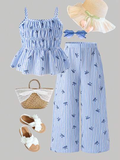 Souflis Souflis Young Girl' Cute Striped Bow Print Camisole And Wide Leg Pants Set, Summer