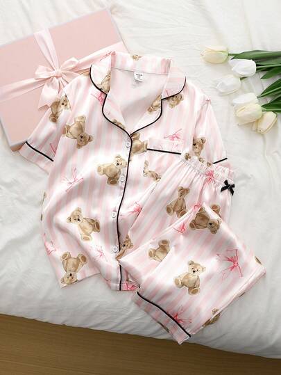 Conjunto de ropa de estar en casa informal con cardigan de manga larga y pantalones con estampado de rayas, mariposas y osos, con ribete de seda sintética y contraste de colores para niñas