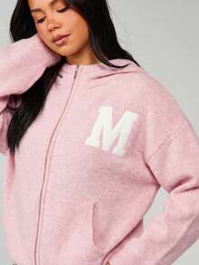 MISSGUIDED Knitted Zip Through Varsity Hoodie With Letter M Logo Applique Casual Winter Sweater For Women - Pink - View 4