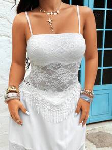 Sunnyshic Plus Size Sexy Lace Wrap Chest Camisole - White - View 5