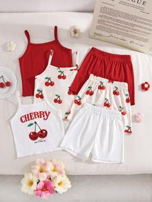 SHEIN 3pcs/Set Cute Baby Girls' Spring/Summer Rib Knit Fabric Cherry Print/Solid Red Camisole T-Shirt & Skinny Pants Casual Chic Outfit - Red - View 1