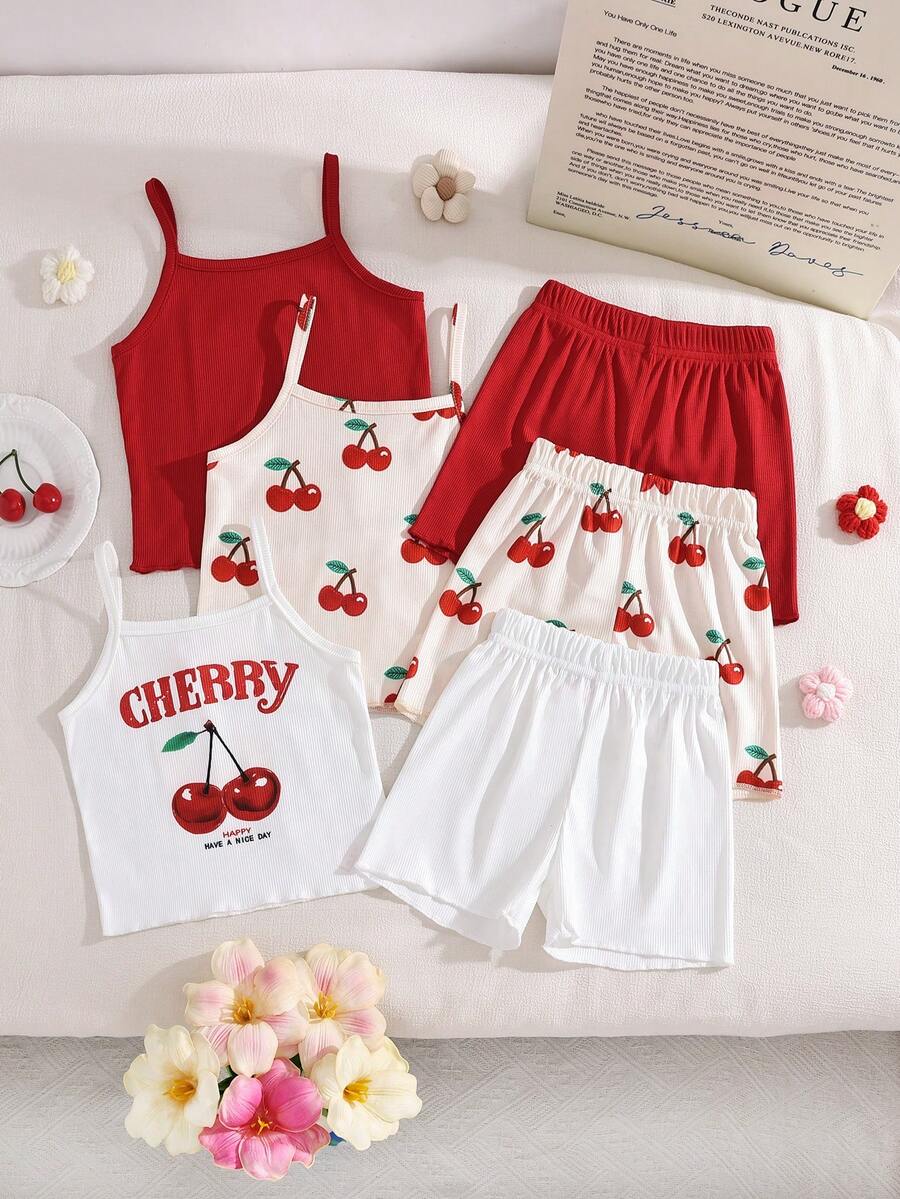 SHEIN 3pcs/Set Cute Baby Girls' Spring/Summer Rib Knit Fabric Cherry Print/Solid Red Camisole T-Shirt & Skinny Pants Casual Chic Outfit - Red - View 1