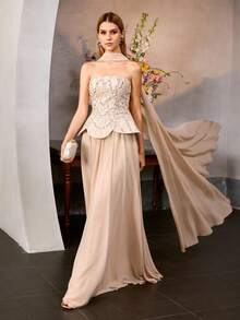 MOTF PREMIUM VESTIDO DE FIESTA ELEGANTE CONVERTIBLE SIN TIRANTES DE LARGO HASTA EL SUELO - DETALLE DE LAZO EN LA ESPALDA, TELA CON CUENTAS DE GASA MEZCLADA, SILUETA ENTALLADA PARA FIESTAS, BODAS Y EVENTOS FORMALES - Champán - Ver 8