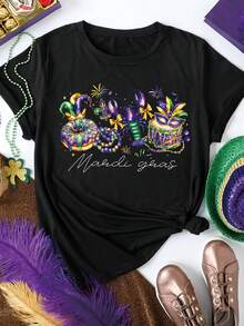 EMERY ROSE Mardi Gras Themed Lobster Donut Sweet Cool Print Casual Plus Size T-Shirt - Black - View 3