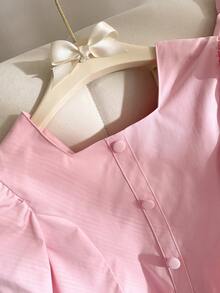 Elladie kids 2pcs/Set Girls Teens Summer Pink One-Shoulder Puff Sleeve Shirt With Faux Placket And Loose Straight Leg Pants Casual Outfit - Pink - View 4