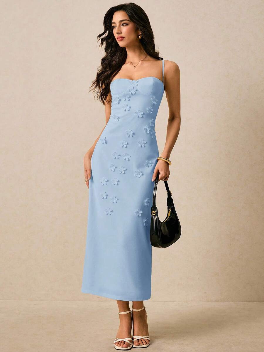 Poéselle Women's Solid Color Spaghetti Strap Fitted Long Dress With 3D Floral Decor - Baby Blue - View 1