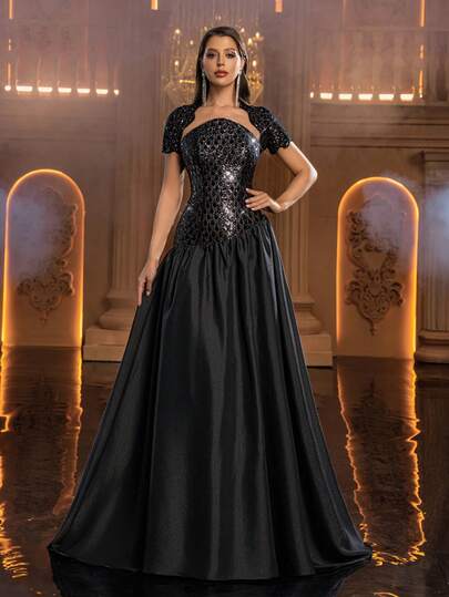 Glamrae 优雅奢华的黑色珠绣欧根纱拼接无肩带两件式连衣裙，超大裙摆，正式晚礼服