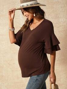 SHEIN Women's Brown Maternity Summer Casual T-Shirt,Bohemian V-Neck Short-Sleeved Ruffled Loose Tops,Babyshower Coffee Brown Shirt Wear - Coffee Brown - View 7