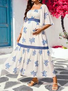SHEIN Vestido de maternidad de moda con estampado, cuello cuadrado, para verano - Multicolor - Ver 5
