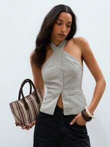 Áo crop top hở lưng không tay kẻ sọc đơn hàng khuy đơn thời trang cho nữ - Nhiều màu - Xem 2