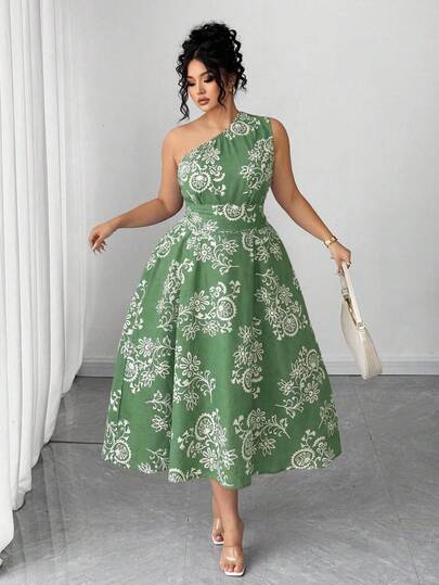 Elenzga Vestido de línea A con un solo hombro, de tela de textura suave de bambú, con estampado floral y que estiliza la cintura, para mujer de talla grande, color verde, adecuado para citas, fiestas, reuniones, graduaciones, vacaciones, San Valentín, festivales de música, Día de la Madre, Halloween, Acción de Gracias, Pascua, Día Nacional, bailes, salidas, bodas y talla grande en primavera/verano