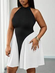 Truni Plus Size Women's Elegant Black And White Patchwork Halter Neck A-Line Dress, Summer Off-Shoulder Ruffle Waist Loose Club Dress For Party Date - Multicolor - View 5