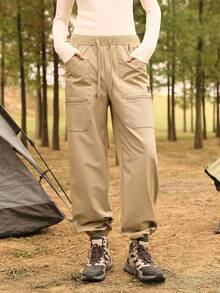 SHEIN In My Nature 女士休闲抽绳腰带慢跑裤 - 卡其色 - 查看 1