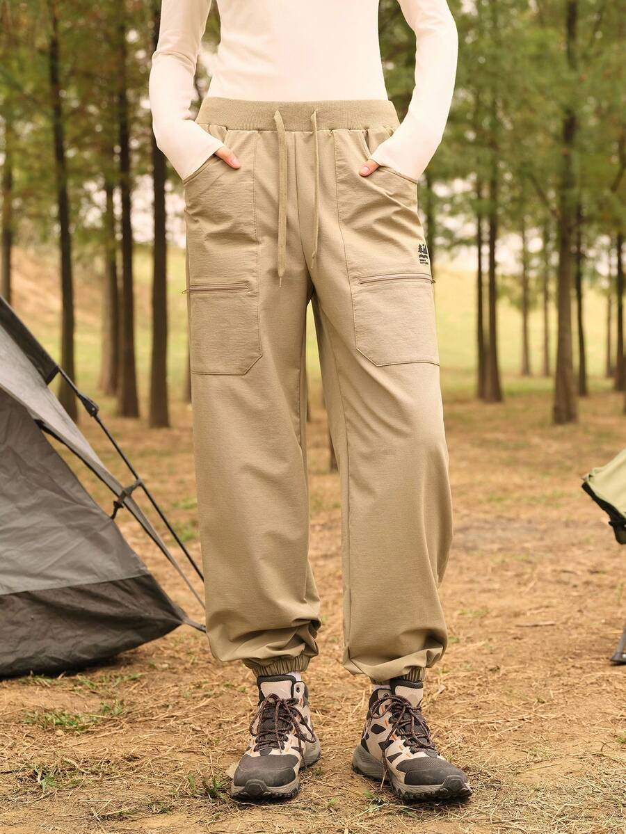 SHEIN In My Nature 女士休闲抽绳腰带慢跑裤 - 卡其色 - 查看 1