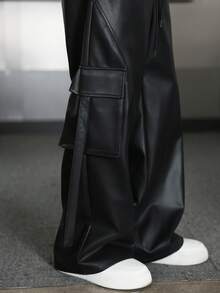 PAVTROS Casual Straight Leg Fashion Trousers Men Black Pants Men Wide Leg Pants Black Baggy Pants Men Leather Cargo Pants,With Metallic Stud Detail,New Year Gift