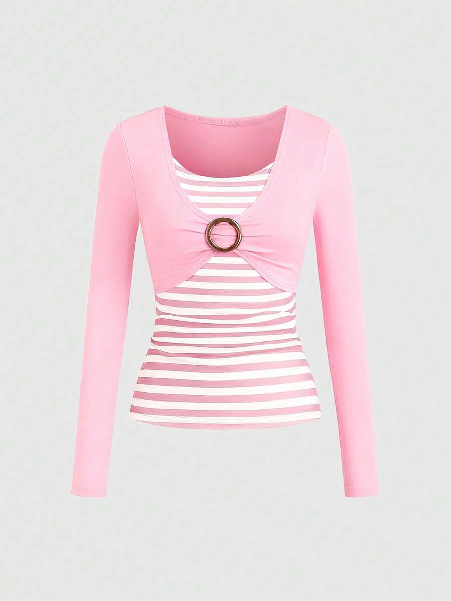 Sweetra Áo thun nữ dài tay cổ tròn, tay dài, thoải mái, màu nâu sọc kiểu Y2K Baddie 2000, phong cách vintage, thích hợp cho mùa tựu trường. - Màu Hồng baby - Xem 1