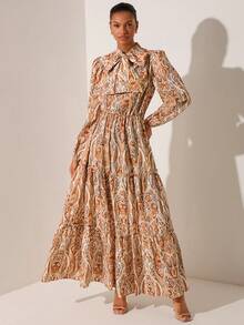 Lilora 女士印花系带灯笼袖层叠荷叶边连衣裙，优雅度假之选 - 彩色 - 查看 5