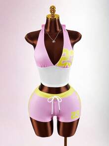 Amplova Women's Halter Neck 2 Pieces Sportswear Set Women's Waist Hollow Mesh See-Through Sexy Revealing Shorts Set Babyphat Purple Easter - Pink - View 4