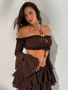 Aloruh Women's Off-Shoulder Ruffle Trim Long Sleeve Beaded Tie-Up Cropped Shirt, Bohemian Brown Blouse Beach Skirt Set Sexy Skirt Set - Brown - View 5