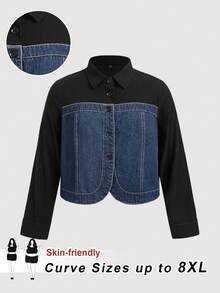 SHEIN CURVE+ 大码女式撞色长袖单排扣休闲牛仔外套，适合春季、圣诞节、新年、感恩节、通勤、度假、毕业典礼等场合，时尚百搭，充满Y2K风格，可爱街头风，适合派对、婚礼、商务休闲等各种场合。 - 藍色 - 查看 1