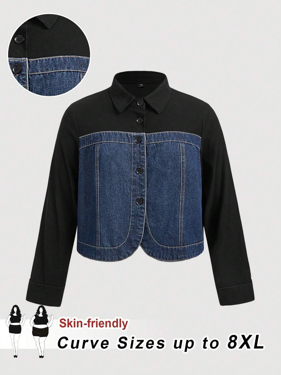 SHEIN CURVE+ 大码女式撞色长袖单排扣休闲牛仔外套，适合春季、圣诞节、新年、感恩节、通勤、度假、毕业典礼等场合，时尚百搭，充满Y2K风格，可爱街头风，适合派对、婚礼、商务休闲等各种场合。 - 藍色 - 查看 1