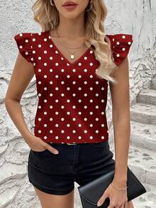 SHEIN Clasi Áo sơ mi ngắn tay nữ kiểu dáng tối giản, màu đỏ đậm với họa tiết chấm bi trắng khắp thân áo, đa năng, phù hợp cho mùa xuân/hè. - Nhiều màu - Xem 3