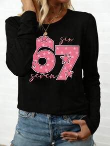 EMERY ROSE Women's Casual Long Sleeve T-Shirt With Letter And Number Print - Black - View 5