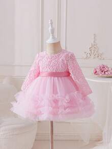 Glamorique Kids 女婴长袖网纱刺绣连衣裙，香槟色，生日派对花童礼服，女婴洗礼服 - 淺粉色 - 查看 3