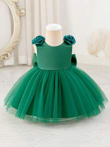 Glamorique Kids 女婴酒红色缎面网纱高档正式连衣裙，饰有3D立体花朵、大蝴蝶结后背和泡泡裙，适合圣诞节、万圣节、宝宝生日派对等场合，也可作为无袖连衣裙用于庆祝活动、宴会和派对。 - 墨綠色 - 查看 2