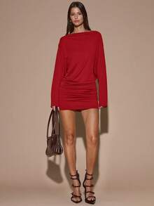 SHEIN BAE 秋冬季纯色棕色/咖啡色长袖宽松深V领露背性感迷你连衣裙，适合鸡尾酒会、浪漫约会、聚会、正式活动、伴娘礼服、夜生活、万圣节、圣诞节等场合。 - 紅色 - 查看 3