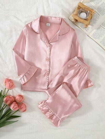 两件套女童休闲舒适纯色仿丝荷叶边开衫上衣和裤子睡衣套装
