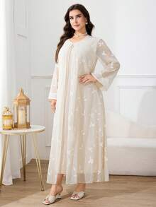 Al Najma 大码女式纯色刺绣优雅长袖阿拉伯风长裙