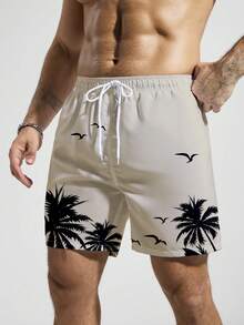 Manfinity Swimmode 加大码男士植物印花斜插口袋抽绳腰沙滩短裤 - 淺灰色 - 查看 4