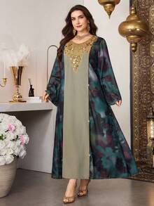 Al Najma Vestido feminino plus size elegante com gola de miçangas, mangas compridas e estampa, ideal para ocasiões formais. - Multicolorido - Ver 4